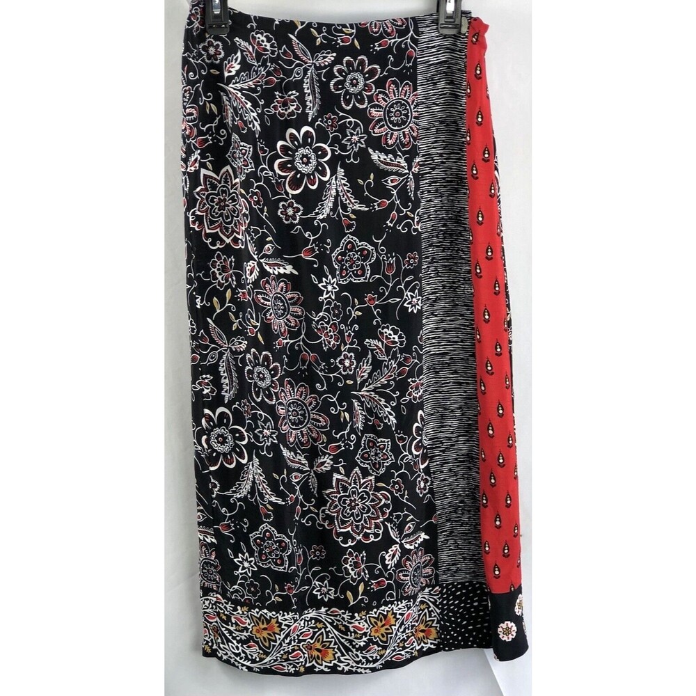 Vintage Midi Pencil Skirt 10P Blk/Red Floral Mock Wrap 29”W Career Classic Art